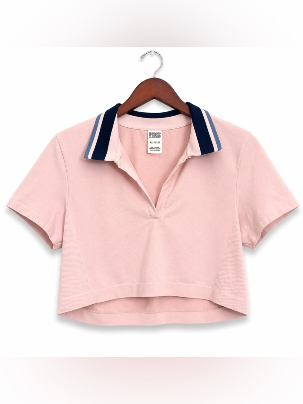 PINK Victoria's Secret Blush Pink Cropped Polo with Navy Contrast Collar/ Fitted